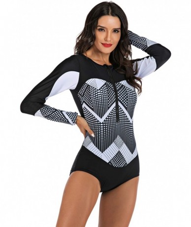 Rash Guards Women's UV Protection One Piece Long Sleeve Rash Guard Swimsuit Zip Front Surfing Shirt - Black - CX18Z2KTCUY $44.74