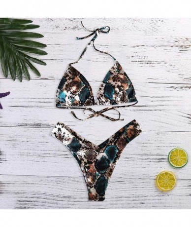 Sets Bikini Swimsuit Brazilian Snake Skin- Womens Sexy Print Halter High Cut Bathing Suit Beachwear - Green - CQ195OWMY8H $29.35