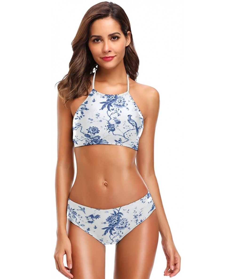 Sets Women Two Pieces Halter Bikini Set with Blue and White Toile Pattern Bathing Suits Triangle Bikini Swimsuits - CE18ESHYE...