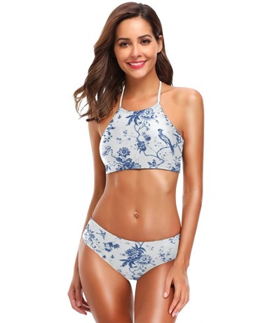 Sets Women Two Pieces Halter Bikini Set with Blue and White Toile Pattern Bathing Suits Triangle Bikini Swimsuits - CE18ESHYE...