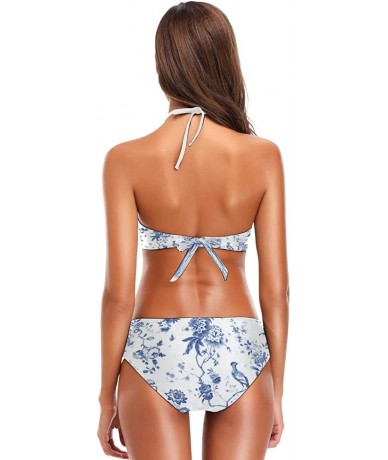 Sets Women Two Pieces Halter Bikini Set with Blue and White Toile Pattern Bathing Suits Triangle Bikini Swimsuits - CE18ESHYE...