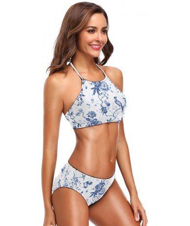 Sets Women Two Pieces Halter Bikini Set with Blue and White Toile Pattern Bathing Suits Triangle Bikini Swimsuits - CE18ESHYE...