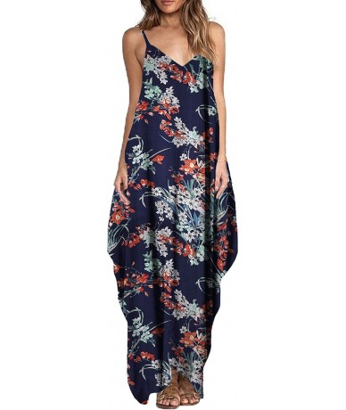 Cover-Ups Women's Floral Print V Neck Spaghetti Strap Summer Bohemian Long Maxi Dress Beach Sundress - 02-navy - CG18TH424IN ...