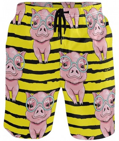 Board Shorts Mens Swim Trunks Pink Pigs with Glasses Yellow Black Stripe Beach Board Shorts - CL18UUCI4MH $39.77