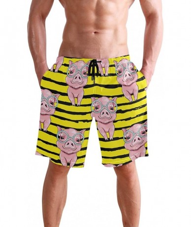 Board Shorts Mens Swim Trunks Pink Pigs with Glasses Yellow Black Stripe Beach Board Shorts - CL18UUCI4MH $39.77