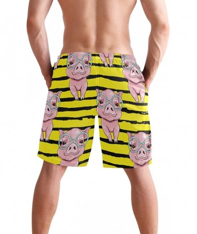 Board Shorts Mens Swim Trunks Pink Pigs with Glasses Yellow Black Stripe Beach Board Shorts - CL18UUCI4MH $39.77