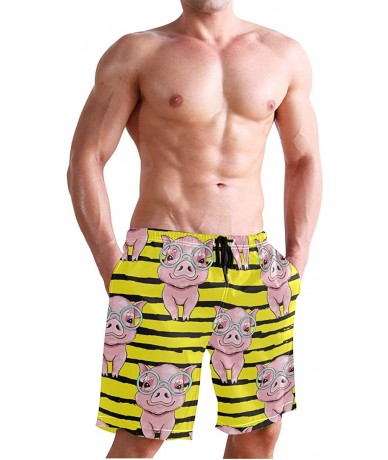 Board Shorts Mens Swim Trunks Pink Pigs with Glasses Yellow Black Stripe Beach Board Shorts - CL18UUCI4MH $39.77