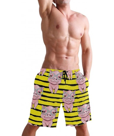 Board Shorts Mens Swim Trunks Pink Pigs with Glasses Yellow Black Stripe Beach Board Shorts - CL18UUCI4MH $39.77