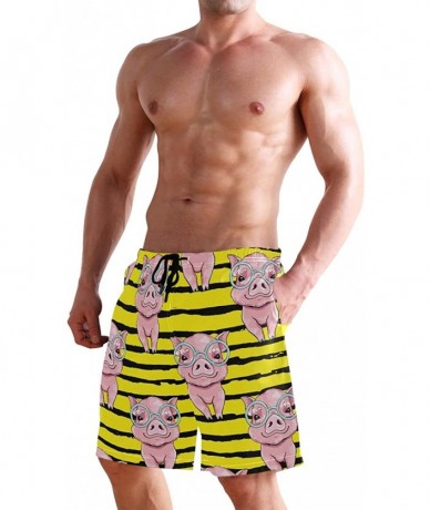 Board Shorts Mens Swim Trunks Pink Pigs with Glasses Yellow Black Stripe Beach Board Shorts - CL18UUCI4MH $39.77