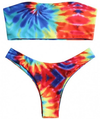 Sets Women's Tie Dye Strapless Bandeau Top High Cut Bottom Swimwear - Colormix - CU18EWI0ZCH $35.70