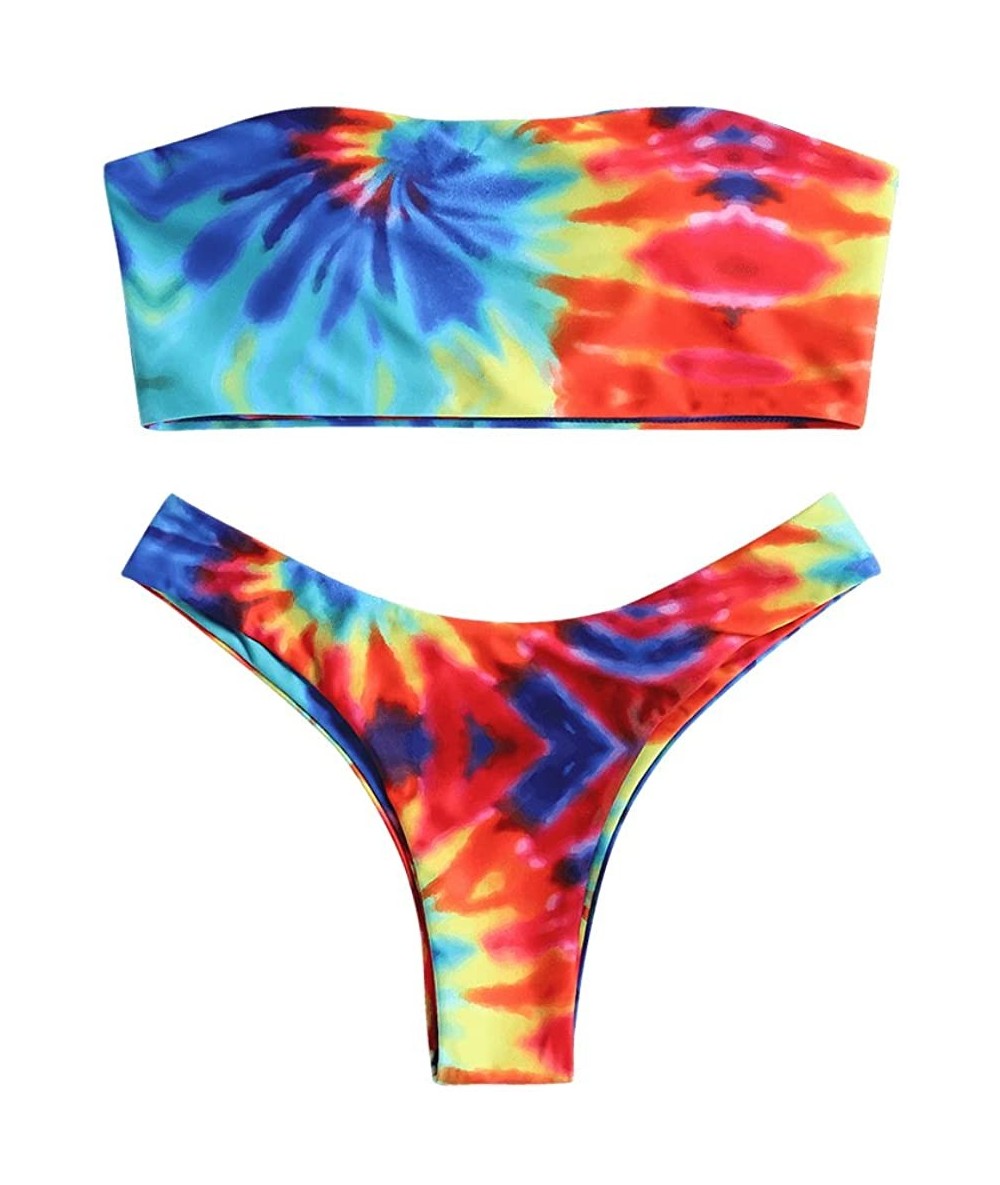 Sets Women's Tie Dye Strapless Bandeau Top High Cut Bottom Swimwear - Colormix - CU18EWI0ZCH $35.70