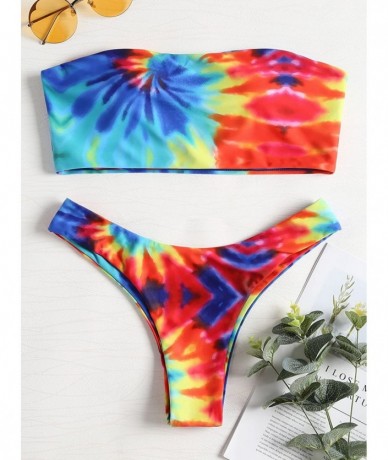 Sets Women's Tie Dye Strapless Bandeau Top High Cut Bottom Swimwear - Colormix - CU18EWI0ZCH $35.70