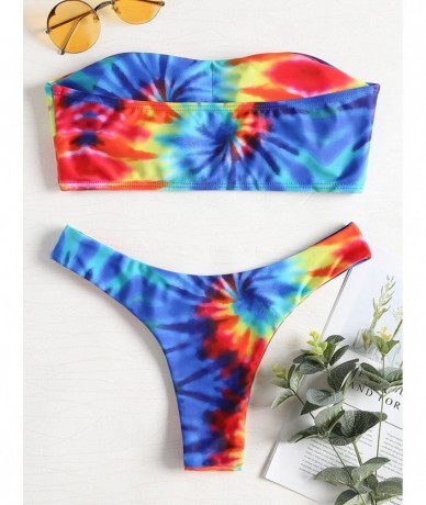 Sets Women's Tie Dye Strapless Bandeau Top High Cut Bottom Swimwear - Colormix - CU18EWI0ZCH $35.70