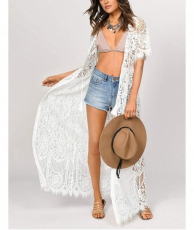 Cover-Ups Crochet Knitted Open Front Kimono Cardigan Bikini Cover Up Sexy Lace Tank Dress - I-white - CJ196WMQNMG $43.40