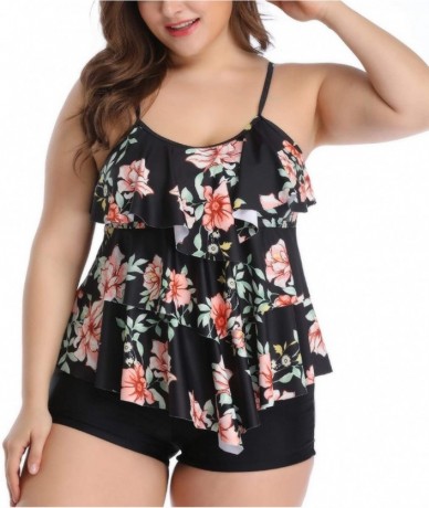 Racing Women Tankini Set Plus Size Swimwear Flounce Printed Two Piece Swimsuits Tummy Control - 1 - CC18QNHA99A $60.98