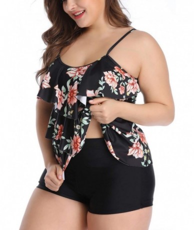 Racing Women Tankini Set Plus Size Swimwear Flounce Printed Two Piece Swimsuits Tummy Control - 1 - CC18QNHA99A $60.98