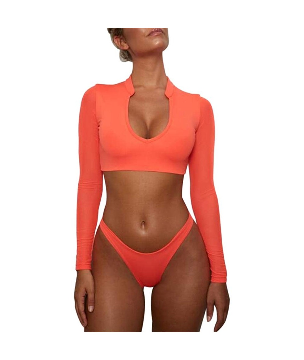 Sets Women 2 Piece Bikini Swimsuit Sexy U Neck Mesh Stitching Long Sleeve High Waist Bathing Suit Beachwear Orangered - CQ18M...