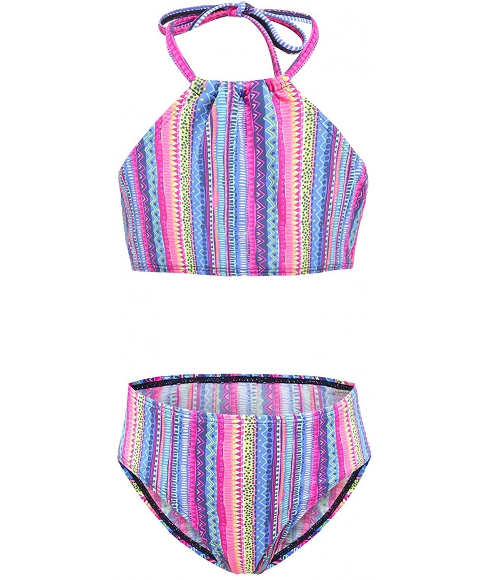 Sets Girls Two Piece Bikini Swimsuits Striped Ruffle Swimwear Falbala Bathing Suit Set - Pink 24 - CO190MHTMTW $30.58