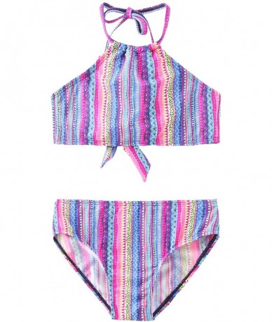 Sets Girls Two Piece Bikini Swimsuits Striped Ruffle Swimwear Falbala Bathing Suit Set - Pink 24 - CO190MHTMTW $30.58