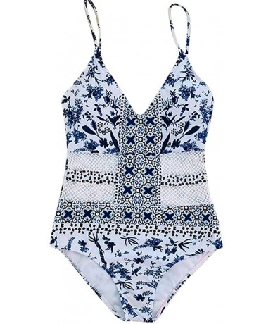 One-Pieces Women's One Piece Swimsuit High Waist Sexy Monokini Stylish Floral Print White Beach Bathing Suit - White - C818QR...