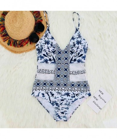 One-Pieces Women's One Piece Swimsuit High Waist Sexy Monokini Stylish Floral Print White Beach Bathing Suit - White - C818QR...