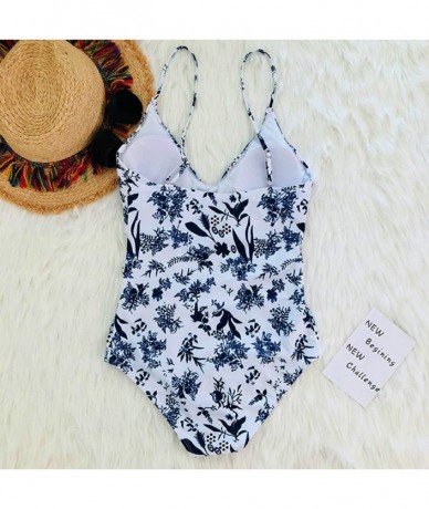 One-Pieces Women's One Piece Swimsuit High Waist Sexy Monokini Stylish Floral Print White Beach Bathing Suit - White - C818QR...