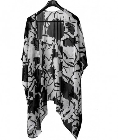 Cover-Ups Women's Beach Cover up Swimsuit Kimono with Floral Print - White-black - CT19682Y45T $24.24