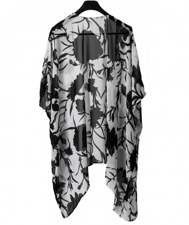 Cover-Ups Women's Beach Cover up Swimsuit Kimono with Floral Print - White-black - CT19682Y45T $24.24