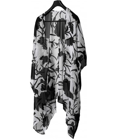 Cover-Ups Women's Beach Cover up Swimsuit Kimono with Floral Print - White-black - CT19682Y45T $24.24