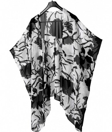 Cover-Ups Women's Beach Cover up Swimsuit Kimono with Floral Print - White-black - CT19682Y45T $24.24