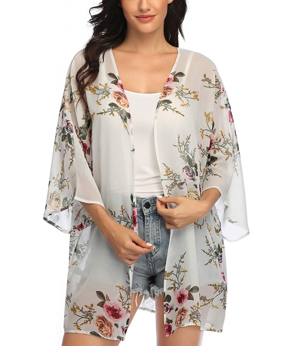 Cover-Ups Women's Floral Print Kimonos Loose Tops Half Sleeve Shawl Chiffon Cardigan Blouses Casual Beach Cover Ups - White -...