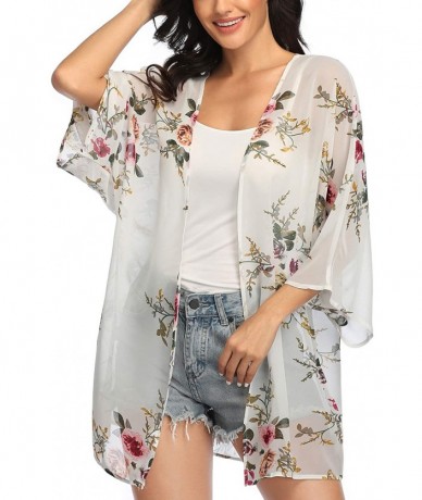 Cover-Ups Women's Floral Print Kimonos Loose Tops Half Sleeve Shawl Chiffon Cardigan Blouses Casual Beach Cover Ups - White -...