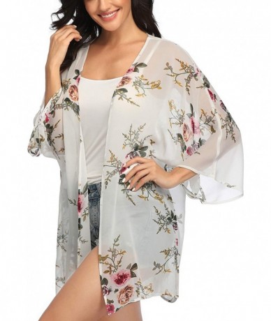 Cover-Ups Women's Floral Print Kimonos Loose Tops Half Sleeve Shawl Chiffon Cardigan Blouses Casual Beach Cover Ups - White -...