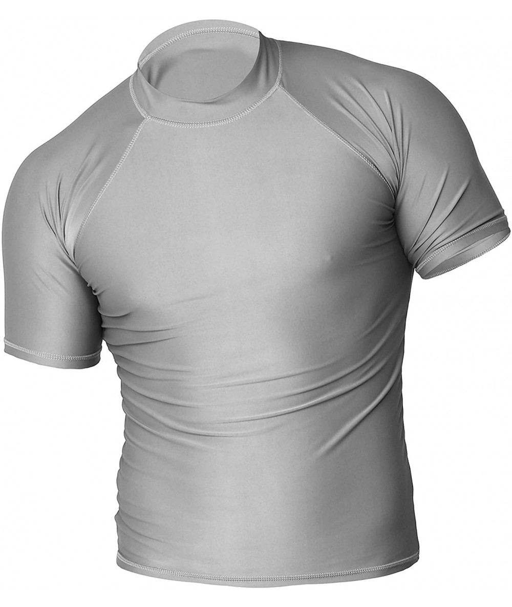 Rash Guards Men's UPF 50+ Easy Short Sleeve Rashguard Swim Tee Sun Protection Surf Shirt - Silver - CX1852DHRET $32.92