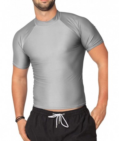 Rash Guards Men's UPF 50+ Easy Short Sleeve Rashguard Swim Tee Sun Protection Surf Shirt - Silver - CX1852DHRET $32.92