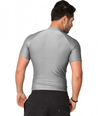 Rash Guards Men's UPF 50+ Easy Short Sleeve Rashguard Swim Tee Sun Protection Surf Shirt - Silver - CX1852DHRET $32.92