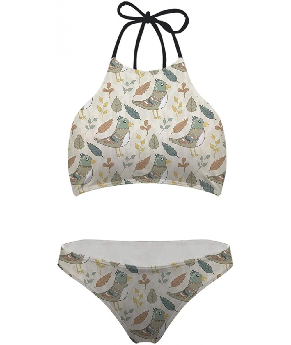 Sets Women Fashion Allover Printing High Neck Tie Bikinis Padded Swimsuit Cheeky Bottoms - Birds and Leaves - CX18OX0DKMK $46.67