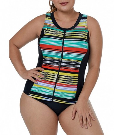 Tankinis Women's Plus Size Zip-Front Rashguard Floral Striped Cap Sleeve Tankini Tops S-XXXL - Multi Color - C618NS4YGLG $33.69