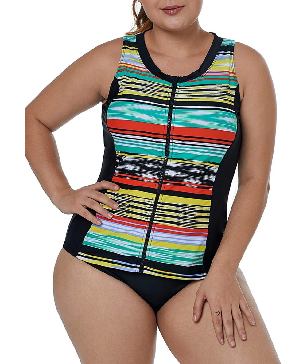 Tankinis Women's Plus Size Zip-Front Rashguard Floral Striped Cap Sleeve Tankini Tops S-XXXL - Multi Color - C618NS4YGLG $33.69