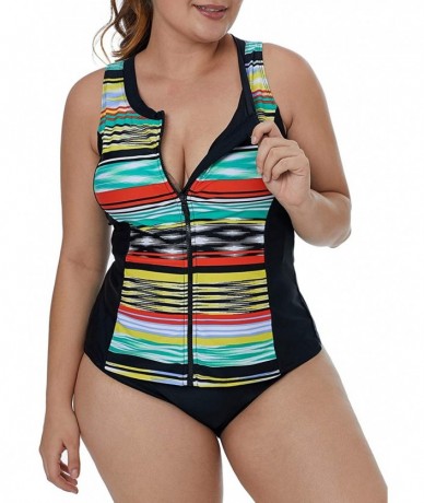 Tankinis Women's Plus Size Zip-Front Rashguard Floral Striped Cap Sleeve Tankini Tops S-XXXL - Multi Color - C618NS4YGLG $33.69