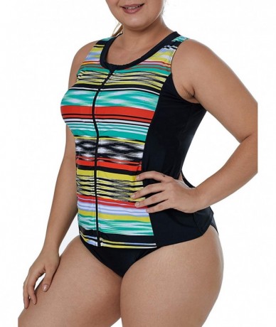 Tankinis Women's Plus Size Zip-Front Rashguard Floral Striped Cap Sleeve Tankini Tops S-XXXL - Multi Color - C618NS4YGLG $33.69