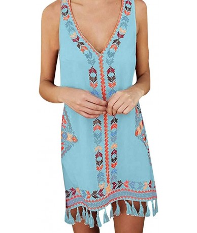 Racing Women's Fashion Summer Chiffon Bohemia Tassel Geometric Print Sleeveless Beach Straight Mini Dress - Blue - CG18QOU58M...