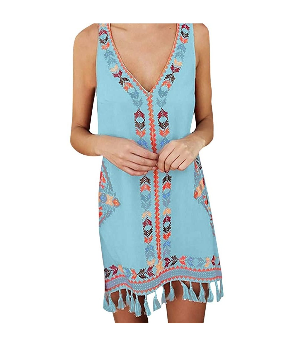 Racing Women's Fashion Summer Chiffon Bohemia Tassel Geometric Print Sleeveless Beach Straight Mini Dress - Blue - CG18QOU58M...