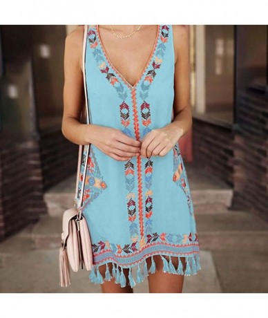 Racing Women's Fashion Summer Chiffon Bohemia Tassel Geometric Print Sleeveless Beach Straight Mini Dress - Blue - CG18QOU58M...