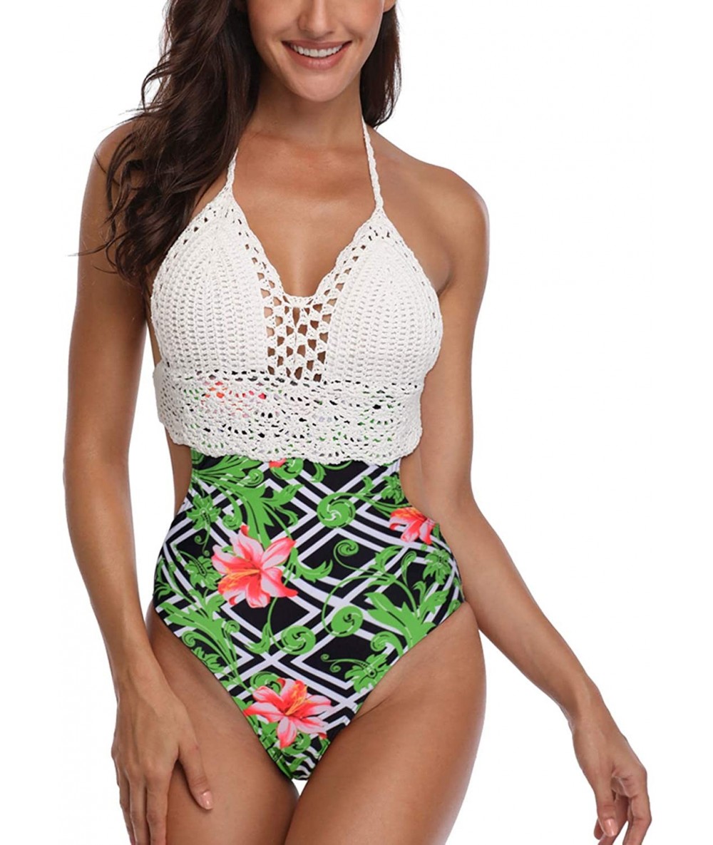 One-Pieces Women's Crochet Swimsuit Halter Cut Out High Waisted One Piece Bathing Suits - Green - CD18QSI9LX7 $45.05