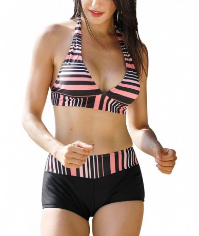 Racing Women's Two Piece Swimsuit Halter Printed Top with Boyshort Bottoms Fashion Bathing Suit - Pink Black Stripe - CX195LY...