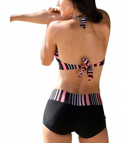 Racing Women's Two Piece Swimsuit Halter Printed Top with Boyshort Bottoms Fashion Bathing Suit - Pink Black Stripe - CX195LY...