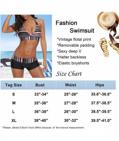 Racing Women's Two Piece Swimsuit Halter Printed Top with Boyshort Bottoms Fashion Bathing Suit - Pink Black Stripe - CX195LY...