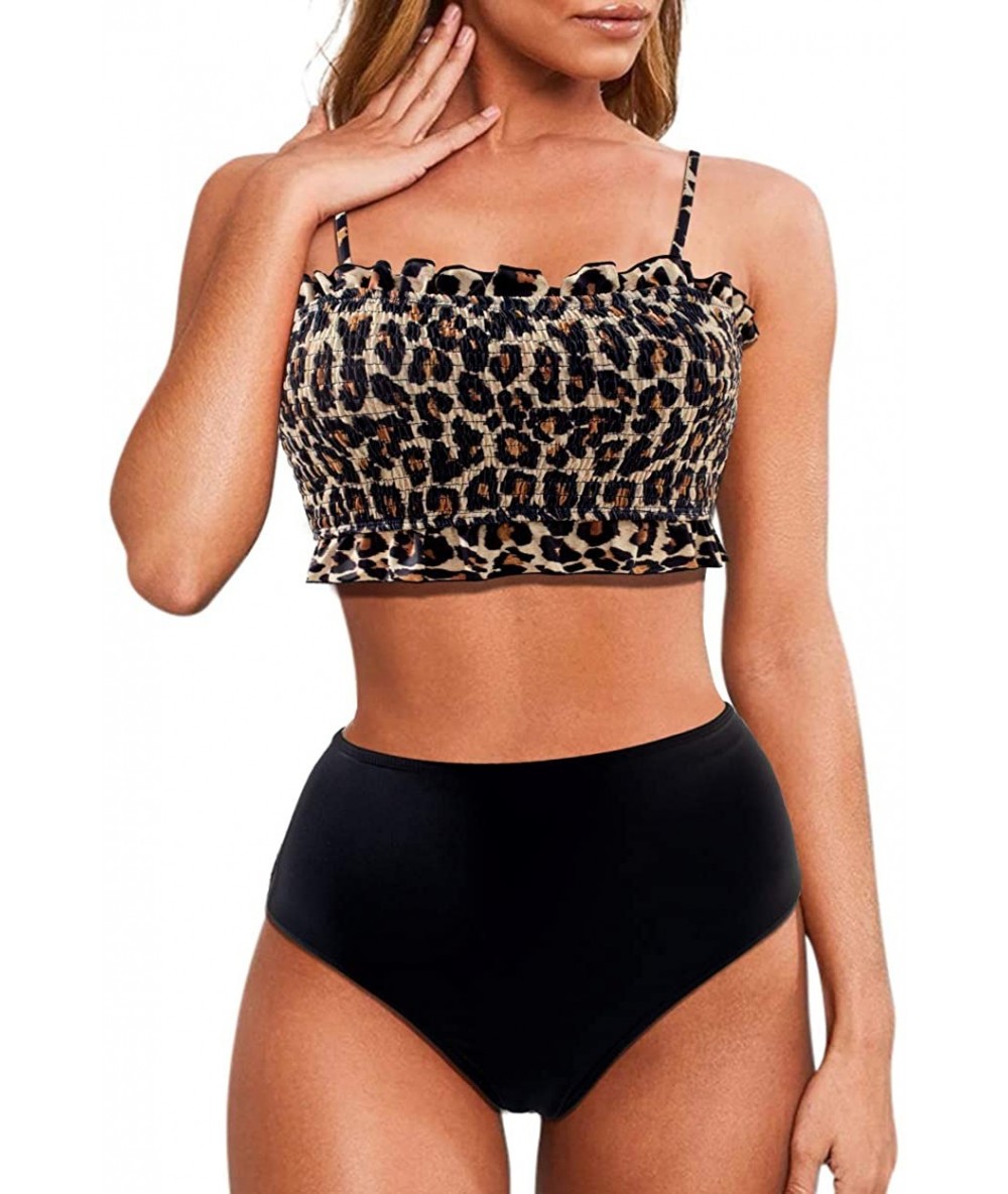 Sets Women's Shirred Bandeau Bikini Top High Waisted Bottom 2 Piece Swimsuits Bikini Set - Panther Black - CQ199MEX3OG $54.47