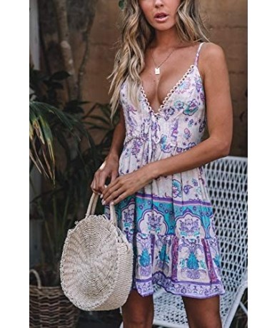 Cover-Ups Women Summer Beach Dress- Sexy Bohemian Sundresses Open Back Halter Deep V Lace Floral Skirt- Long Sleeve Chiffon C...